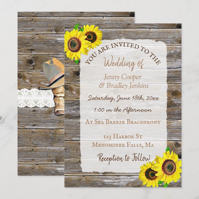 Invitation Dentelle, Bottes de cowboy et Mariage de tournesol (Devant / Derrière)