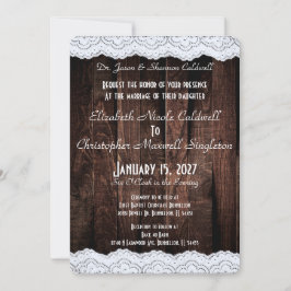 Invitation Dentelle chic romantique et bois foncé rustique