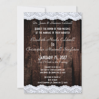 Invitation Dentelle Chic Romantique et Bois Sombre Rustique