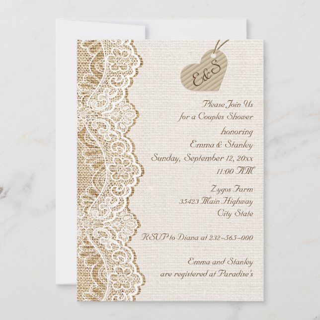 Invitation Dentelle & coeur sur burlap mariage couples douche (Devant)