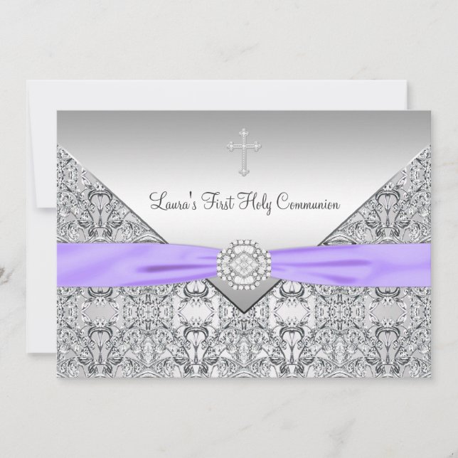 Invitation Dentelle Croix Filles Purple Première Communion (Devant)
