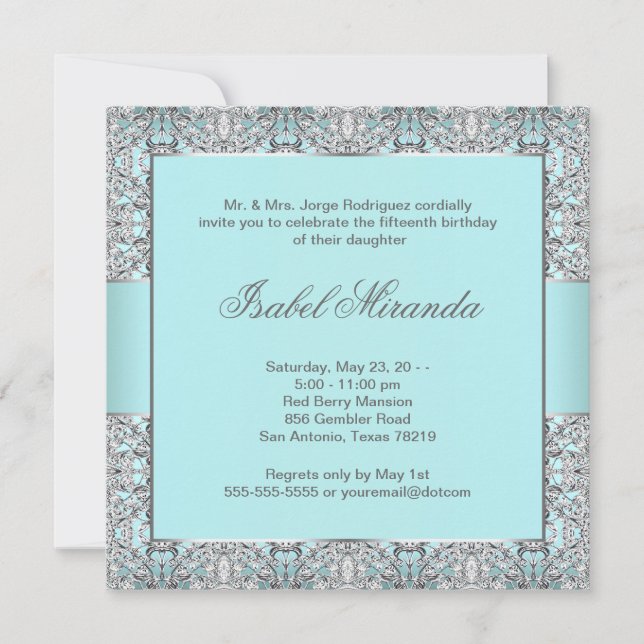 Invitation Dentelle d'argent bleu turquoise Quinceanera (Devant)