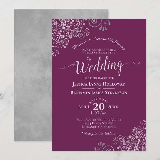 Invitation Dentelle d'argent élégant Cassis violet Mariage of (Devant / Derrière)