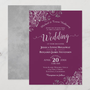 Invitation Dentelle d'argent élégant Cassis violet Mariage of
