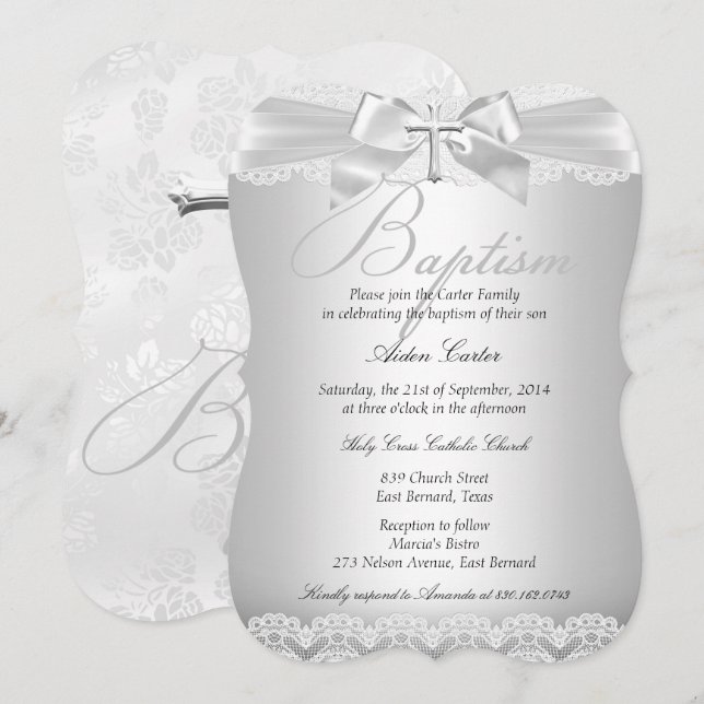 Invitation Dentelle d'argent et baptême croisé garçon ou fill (Devant / Derrière)