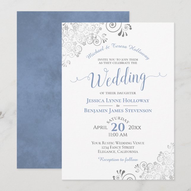 Invitation Dentelle d'argent et Mariage blanc officiel bleu p (Devant / Derrière)