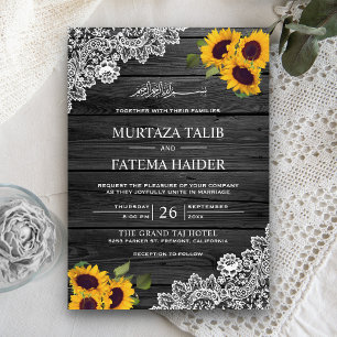 Invitation Dentelle de bois gris rustique tournesol Mariage i