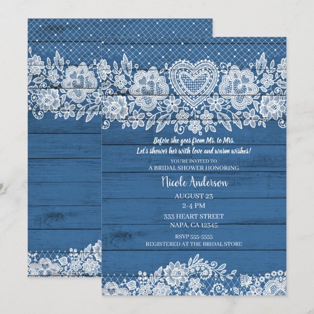 Invitation Dentelle de bois rustique bleu Fête des mariées de (Devant / Derrière)