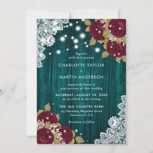 Invitation Dentelle de bois rustique Bourgogne et Mariage flo