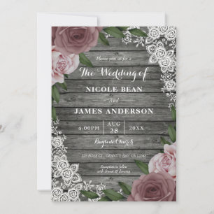 Invitation Dentelle de bois rustique Mariage Floral rose Rose