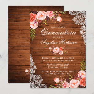Invitation Dentelle de bois rustique Quinceanera Coral Floral