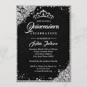 Invitation Dentelle de diamant scintillante Quinceanera noir