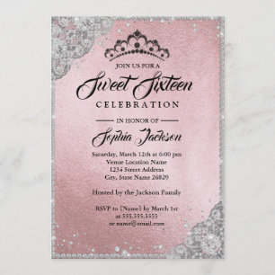 Invitation Dentelle de diamant scintillement rose argent Swee