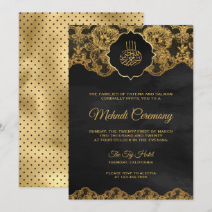 Invitation Dentelle de feuille d'or gris foncé Mehndi islamiq