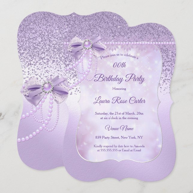 Invitation Dentelle de perle Lilac parties scintillant violet (Devant / Derrière)