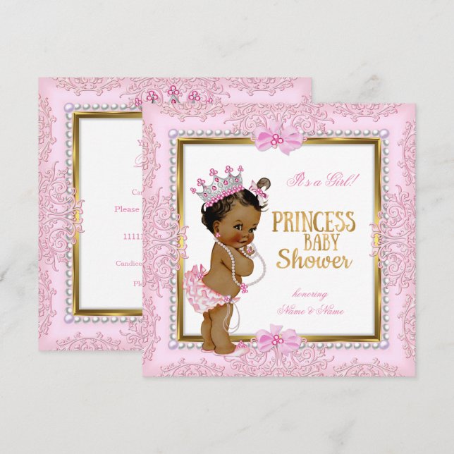 Invitation Dentelle de princesse ethnique Baby shower or rose (Devant / Derrière)