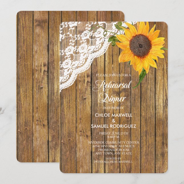 Invitation Dentelle de tournesol Dîner de répétition en bois  (Devant / Derrière)