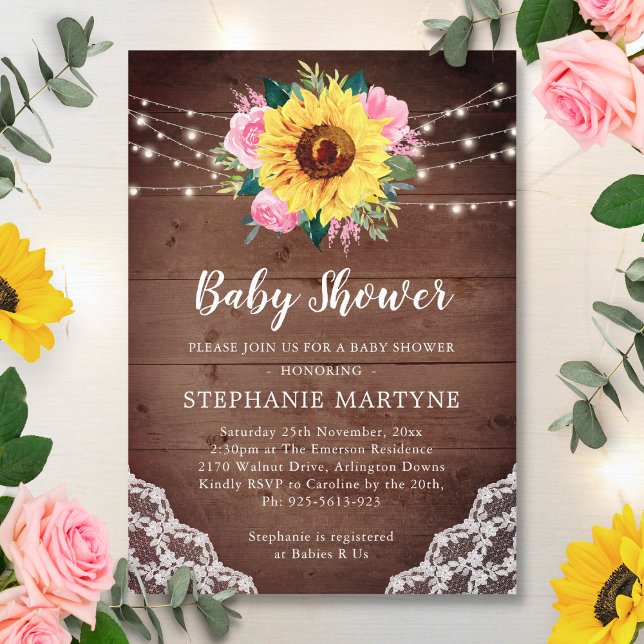Invitation Dentelle de tournesol rose Floral Baby shower rust (Créateur téléchargé)