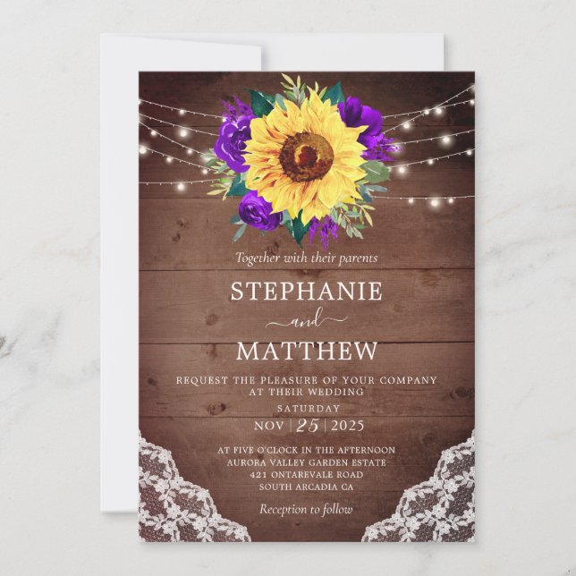 Invitation Dentelle de tournesol rustique Rose violet Mariage (Devant)