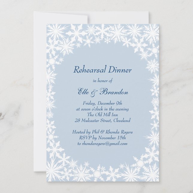 Invitation Dentelle d'hiver sur Icy Blue Rehearsal Dîner Invi (Devant)