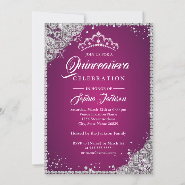Invitation Dentelle diamant Étincelle rose Silver Quinceanera (Devant)