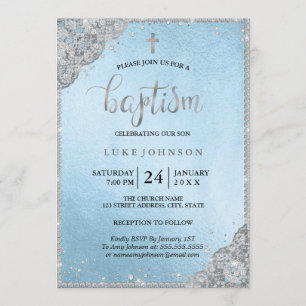 Invitation Dentelle Diamante Bleue Argent Croix Baptême Invit
