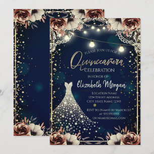 Invitation Dentelle, Diamants Robe Bleu foncé Floral Quinceañ