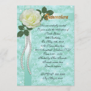 Invitation Dentelle d'invitation de Quinceanera et rose blanc