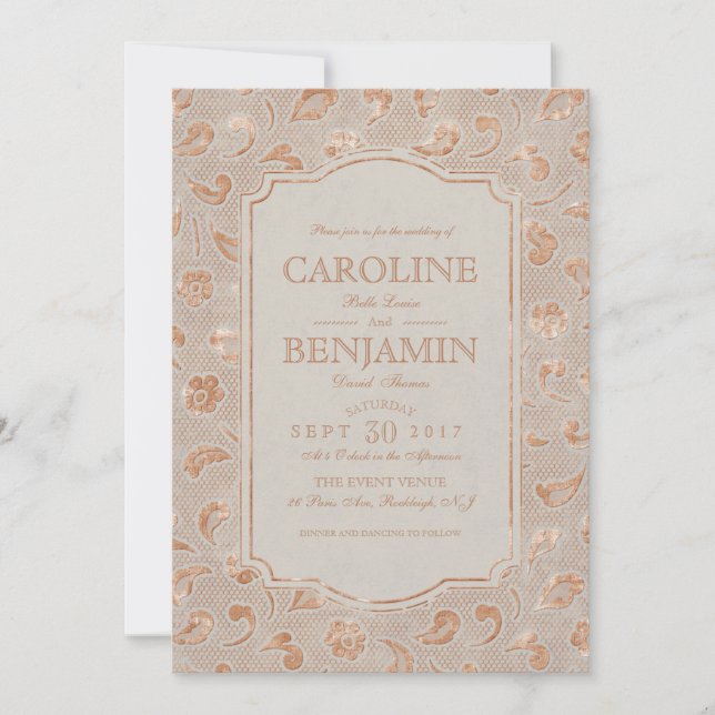Invitation Dentelle d'or Kraft élégant mariage campagnard rus (Devant)