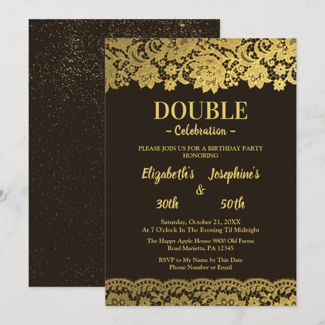 Invitation Dentelle d'or noir double adulte mixte fête d'anni (Devant / Derrière)