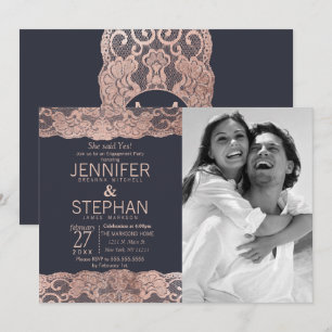 Invitation Dentelle d'or Rose et Fiançailles bleu marine