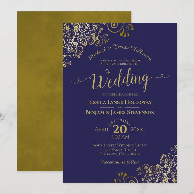 Invitation Dentelle d'or sur bleu marine Élégant Mariage offi (Devant / Derrière)