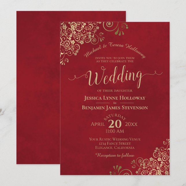 Invitation Dentelle d'or sur Crimson Rouge Élégant Mariage of (Devant / Derrière)