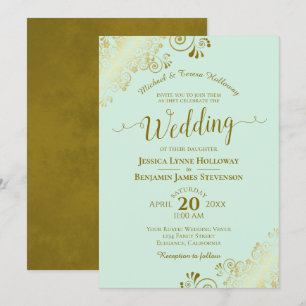 Invitation Dentelle d'or sur Mint Green Élégant Mariage forme