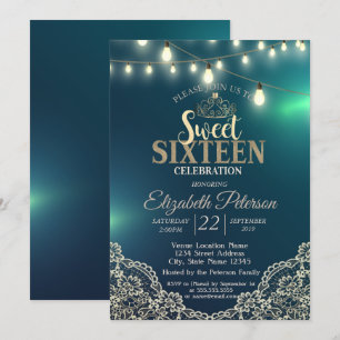 Invitation Dentelle élégante, Lumières, Tiara, Douce 16 Party