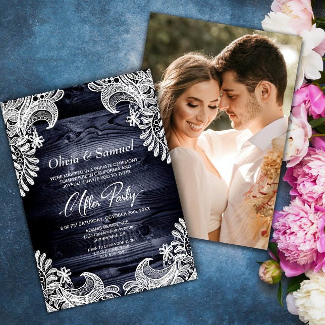 Invitation Dentelle en bois bleu Mariage photo personnalisé a (Créateur téléchargé)