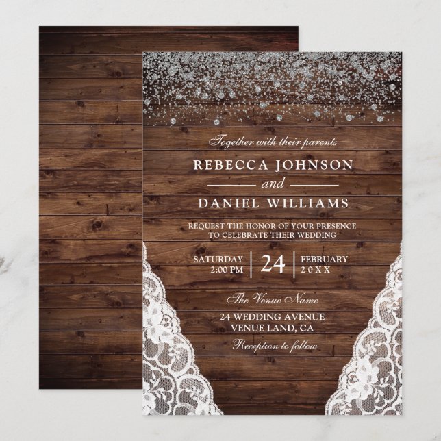 Invitation Dentelle en bois Brown foncé rustique (Devant / Derrière)