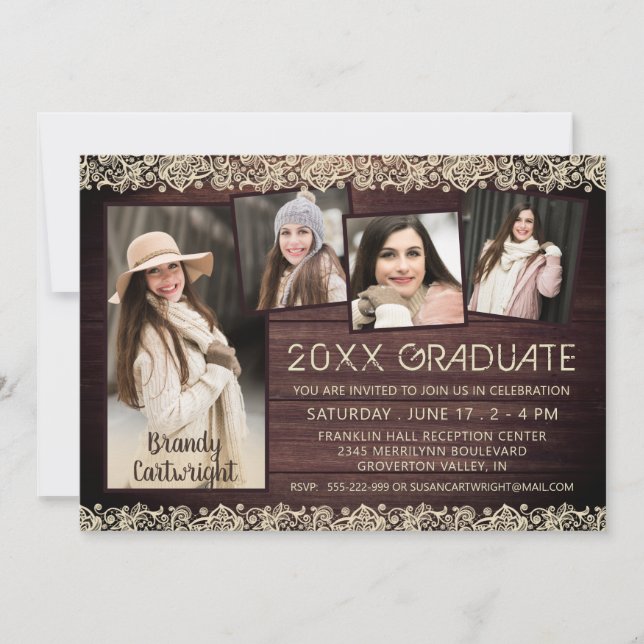 Invitation Dentelle en bois rustique 5 photo Collage Graduati (Devant)