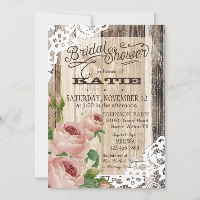 Invitation Dentelle en bois rustique et Fête des mariées Rose (Devant)