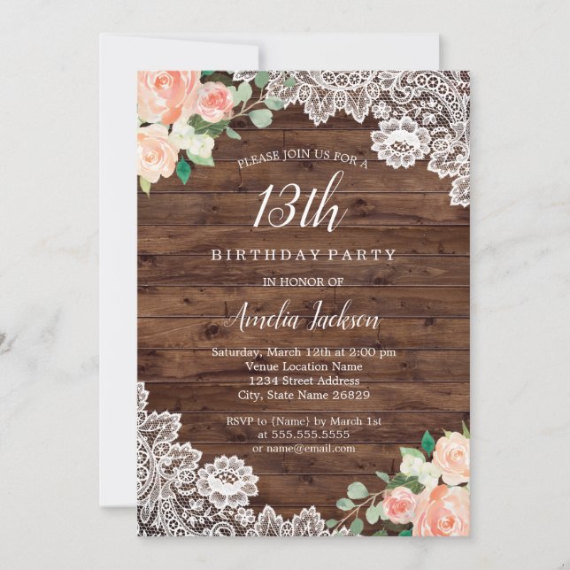 Invitation Dentelle en bois rustique floral 13e anniversaire  (Devant)
