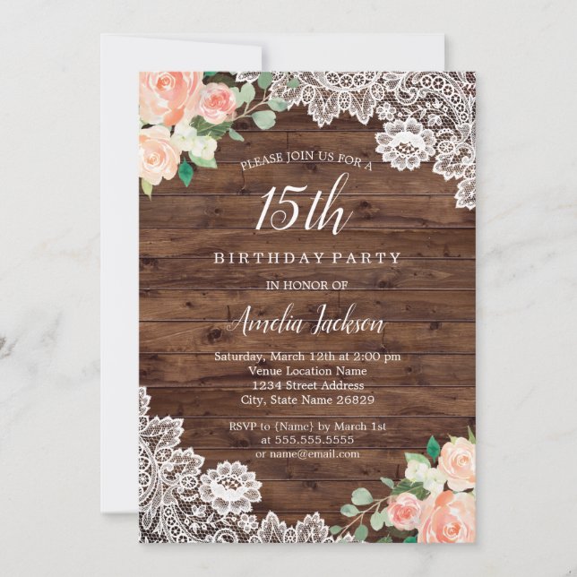 Invitation Dentelle en bois rustique floral 15e anniversaire  (Devant)
