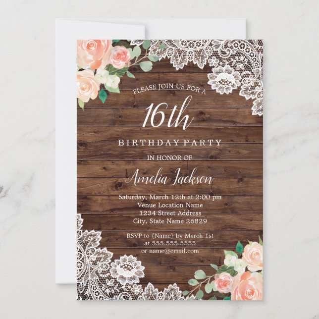 Invitation Dentelle en bois rustique floral 16e anniversaire  (Devant)