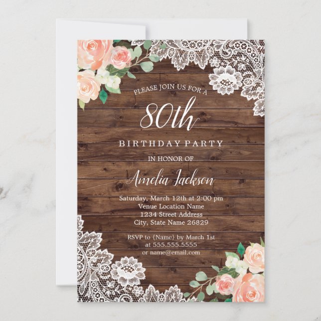 Invitation Dentelle en bois rustique floral 80e anniversaire  (Devant)