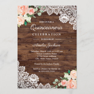 Invitation Dentelle en bois rustique Floral Quinceanera Invit