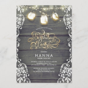 Invitation Dentelle en bois rustique Mason Jar Lumières Anniv