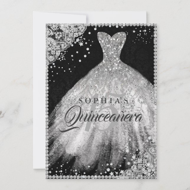 Invitation Dentelle en diamant noir argenté étincelle Quincea (Devant)