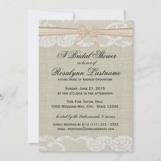 Invitation Dentelle et burlap avec Fête des mariées à bec (Devant)