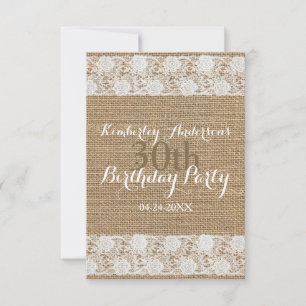 Invitation Dentelle et toile de jute romantiques - 30ème fête