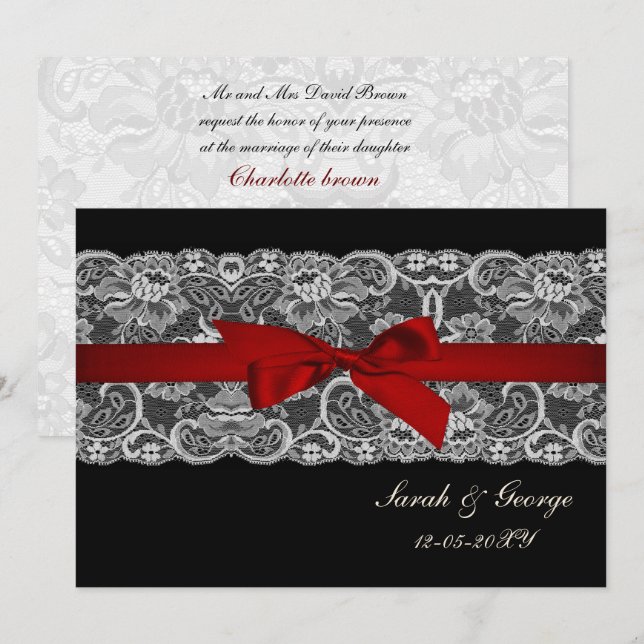 Invitation Dentelle Faux et ruban rouge noir mariage invite (Devant / Derrière)