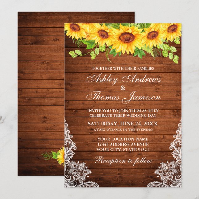 Invitation Dentelle fleurie de tournesol en bois rustique (Devant / Derrière)